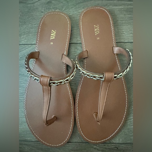Zara Brown Leather Sandals with Gold Chain, Size 39(8.5) - Picture 4 of 9